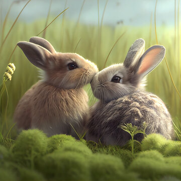 Cute fluffy bunnies kissing for valentine's day