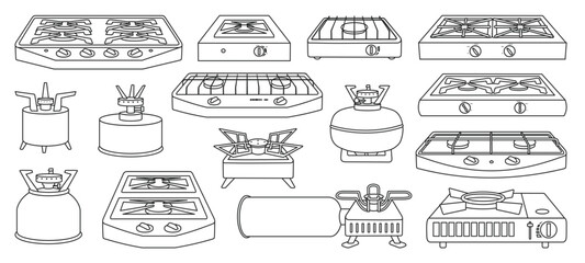 Camping stove vector outline icon set . Collection vector illustration furnace travel on white background.Isolated outline illustration icon set of camping stove for web design.
