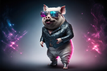 Created with Generative AI technology. Creative happy animal pig in disco clothes dancing on the party.