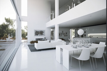 Fototapeta na wymiar Modern house with an open floor plan and all white furnishings. Generative AI