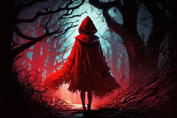 Little red riding hood in the dark woods at night