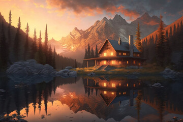 Obraz premium Sunset Cabin on the lake