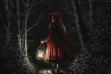 Little red riding hood walking in the dark forest - created with Generative AI - obrazy, fototapety, plakaty