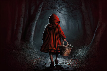 Little red riding hood in the deep dark woods at night - created with Generative AI