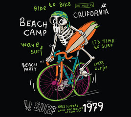 surf skeleton. surf California Quality hand made tee Print graphic. Long beach surf story vector element.