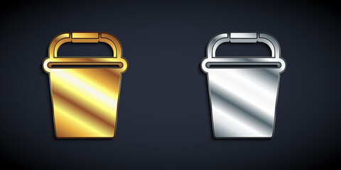 Gold and silver Fishing bucket icon isolated on black background. Fish in a bucket. Long shadow style. Vector