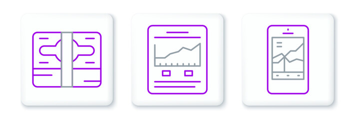 Set line Mobile stock trading, Stacks paper money cash and Website with growth graph icon. Vector