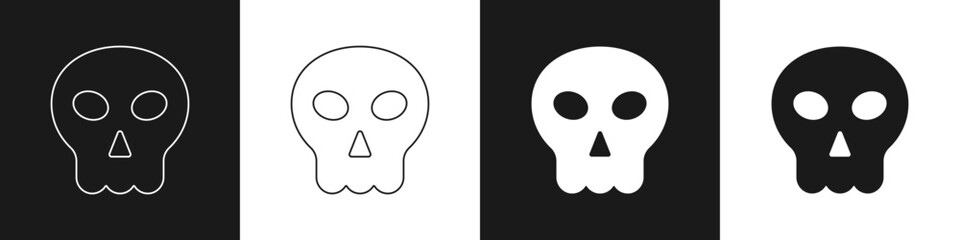 Set Skull icon isolated on black and white background. Happy Halloween party. Vector