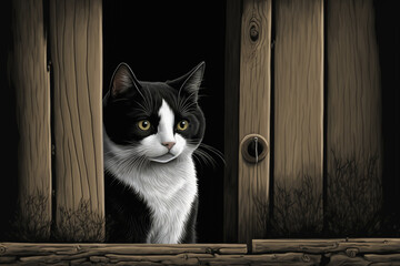 A black and white cat is perched inside a wooden wall's gap. Generative AI