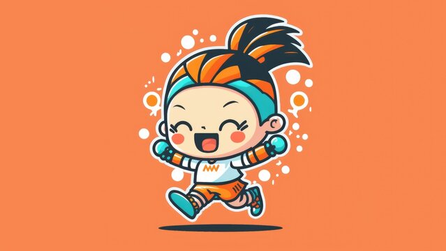Cute little girl athlete chibi picture. Cartoon happy drawn characters 
