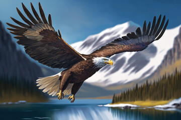Fototapeta premium On a bright day in the mountains, an eagle flies at a great altitude while spreading its wings. Generative AI