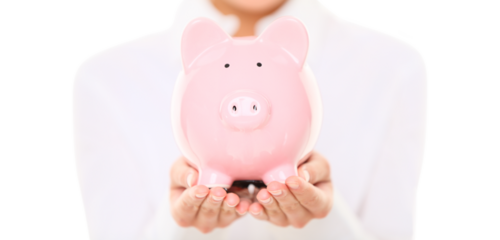 Piggy bank. Woman holding piggybank isolated cutout PNG on transparent background. Money saving concept.