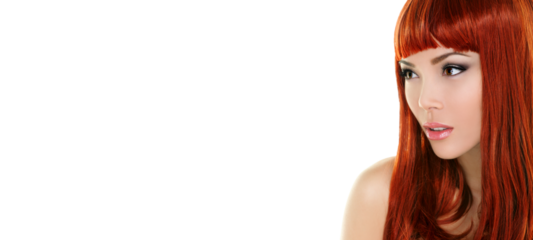 Beauty woman portrait with red hair. Beautiful redhead girl looking to side, sexy and pretty with makeup. Asian Caucasian female beauty model isolated cutout PNG on transparent background.