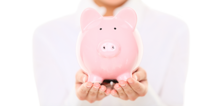 Piggy bank. Woman holding piggybank isolated cutout PNG on transparent background. Money saving concept.