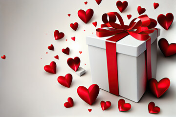 White gift box and several red hearts make up Valentine's Day concept picture.