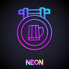 Glowing neon line Street signboard with glass of beer icon isolated on black background. Suitable for advertisements bar, cafe, pub, restaurant. Vector