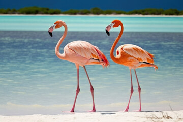 Pink flamingos on an Aruba beach. Generative AI