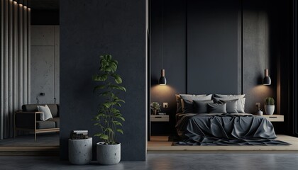 interior of apartement bedroom with elegant black and red color. generative Ai