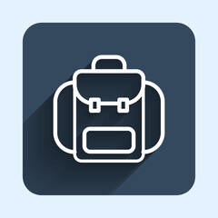 White line Hiking backpack icon isolated with long shadow background. Camping and mountain exploring backpack. Blue square button. Vector