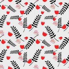Abstract black red flower seamless pattern blooming on white background. Repeating floral vector design for wallpaper, print and card.