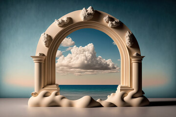With a soft cloud and an arch frame, the natural beauty podium backdrop enhances the display of products. Generative AI