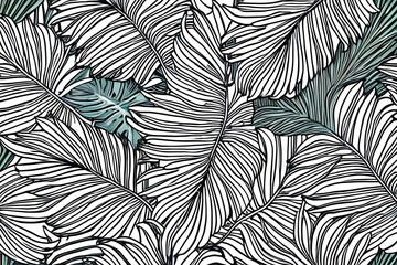 Botanical foliage line art background vector illustration. Tropical palm leaves white drawing contour pattern background. Design for wallpaper, home decor, packaging, print, poster, cover