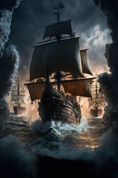 Huge ship battle between pirates and english army, Generative AI