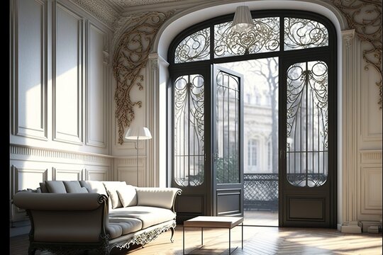 Paris art nouveau living room with tall patio door, Generative AI