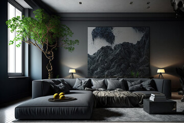 gray sofa in drak living room. Generative AI