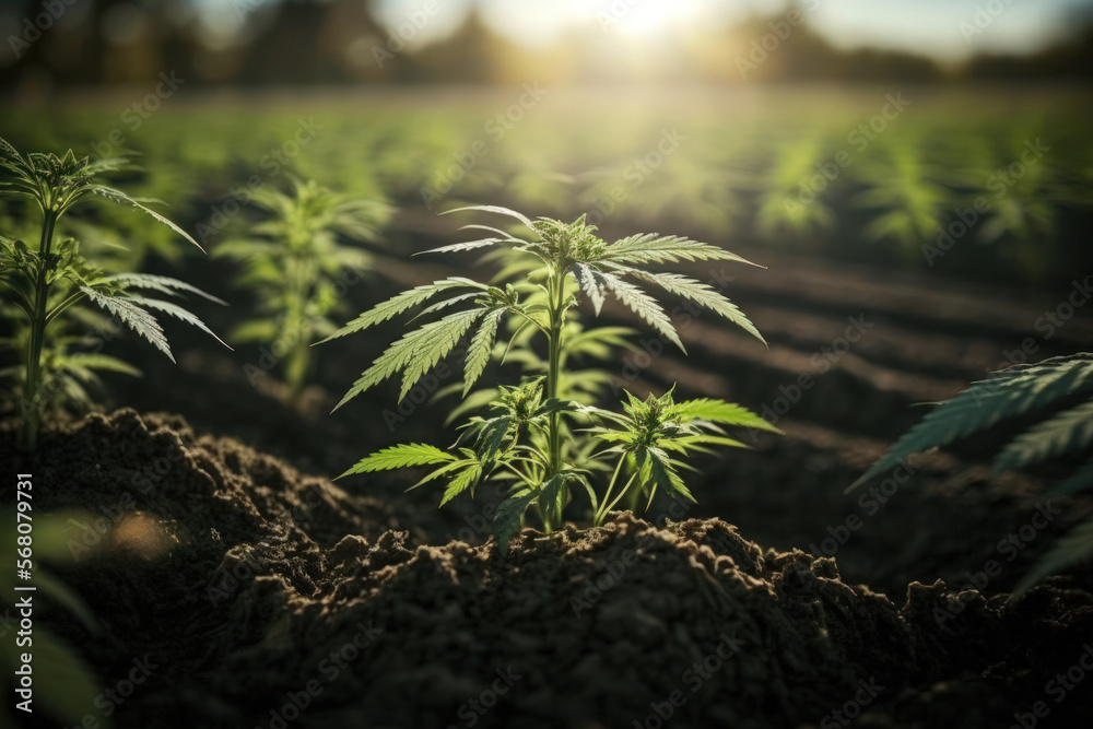 Poster Young cannabis plants, a farm plantation, and a hemp business. Generative AI