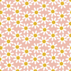 Groovy camomile flowers with smiling faces seamless pattern. Psychedelic print for tee, paper, fabric, textile. Retro illustration for decor and design.