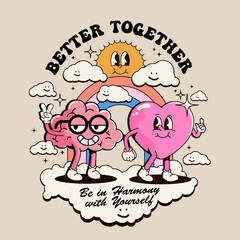 Emotions and intelligence harmony or inner balance concept with funny cartoon characters of heart and brain walk holding hands isolated on light background for poster or card or t-shirt print design