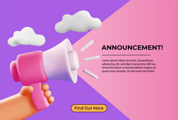 Announcement or promotion concept with 3d cartoon hand holding loudspeaker or megaphone and text information placeholder for web banner or website.Vector illustration