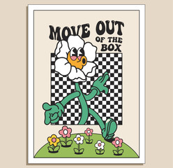 Groove retro styled motivation poster or t-shirt design template with funny flower character moving out of the box on light background. Vector illustration - obrazy, fototapety, plakaty