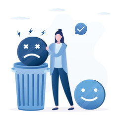Business woman throws negative emotions out into trash can. Positive thinking. New ideas. Good mood. Order in thoughts and head, mental health. Creativity to solve problems.