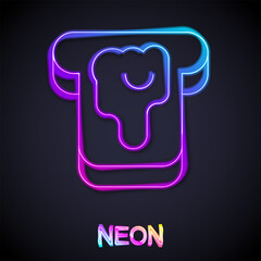 Glowing neon line Piece of bread with honey icon isolated on black background. Toast with jam or honey. Vector