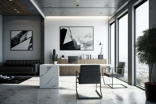 industrial office 3d render. with picture behind the desk. concrete floor and black steel structures. Furnished with wooden furniture and leather armchairs - Generative AI