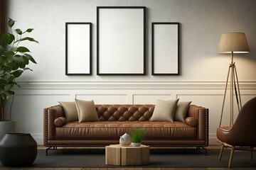 White isolated Frames composition mockup in modern room with big sofa, lamp and table - Generative AI