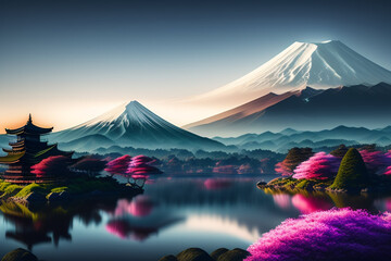 Japan mountain in autumn AI - obrazy, fototapety, plakaty