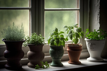 Fototapeta na wymiar Various fragrant potted plants inside on a windowsill. Generative AI