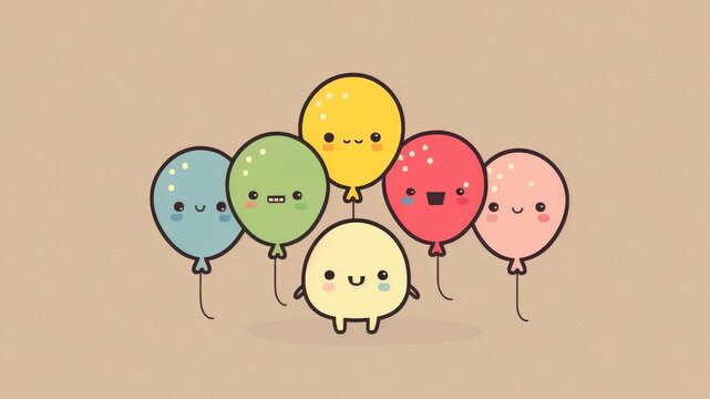 Cute balloons chibi picture. Cartoon happy drawn characters 