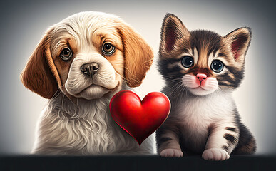 Fototapeta na wymiar Cute puppy dog and kitten with a love heart , Valentines day concept, Generative AI