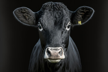 A wide, horizontal image with a close up photograph of a black cow facing the camera in the center on a black background. Generative AI