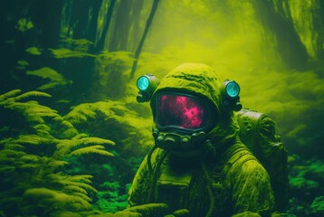 Astronaut in a mysterious green forest. The spacesuit is overgrown with moss 