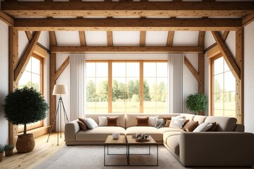 Fototapeta na wymiar cozy warm home interior of a chic country chalet with a huge panoramic window overlooking the winter forest. open plan, wood decoration, warm colors and a family hearth. Generative AI