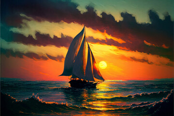 Sailing boat in the sea against the backdrop of the setting sun. AI generated