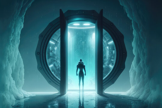 Human body in a cryogenic hibernation capsule. Metal bridge leading to cryo chamber in abandoned sci fi interior with volumetric lighting. Using misted glass, a cryopod. illustration. Generative AI