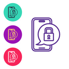 Set line Smartphone with closed padlock icon isolated on white background. Phone with lock. Mobile security, safety, protection concept. Set icons colorful. Vector
