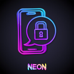 Glowing neon line Smartphone with closed padlock icon isolated on black background. Phone with lock. Mobile security, safety, protection concept. Vector