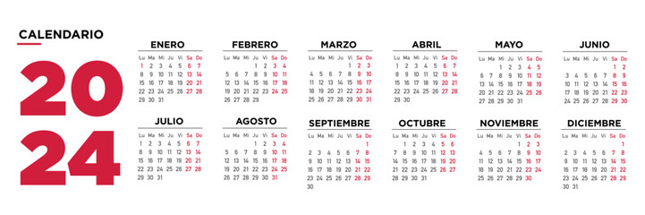 Calendario 2024 español. Semana comienza el lunes. Diseño horizontal minimalista - obrazy, fototapety, plakaty